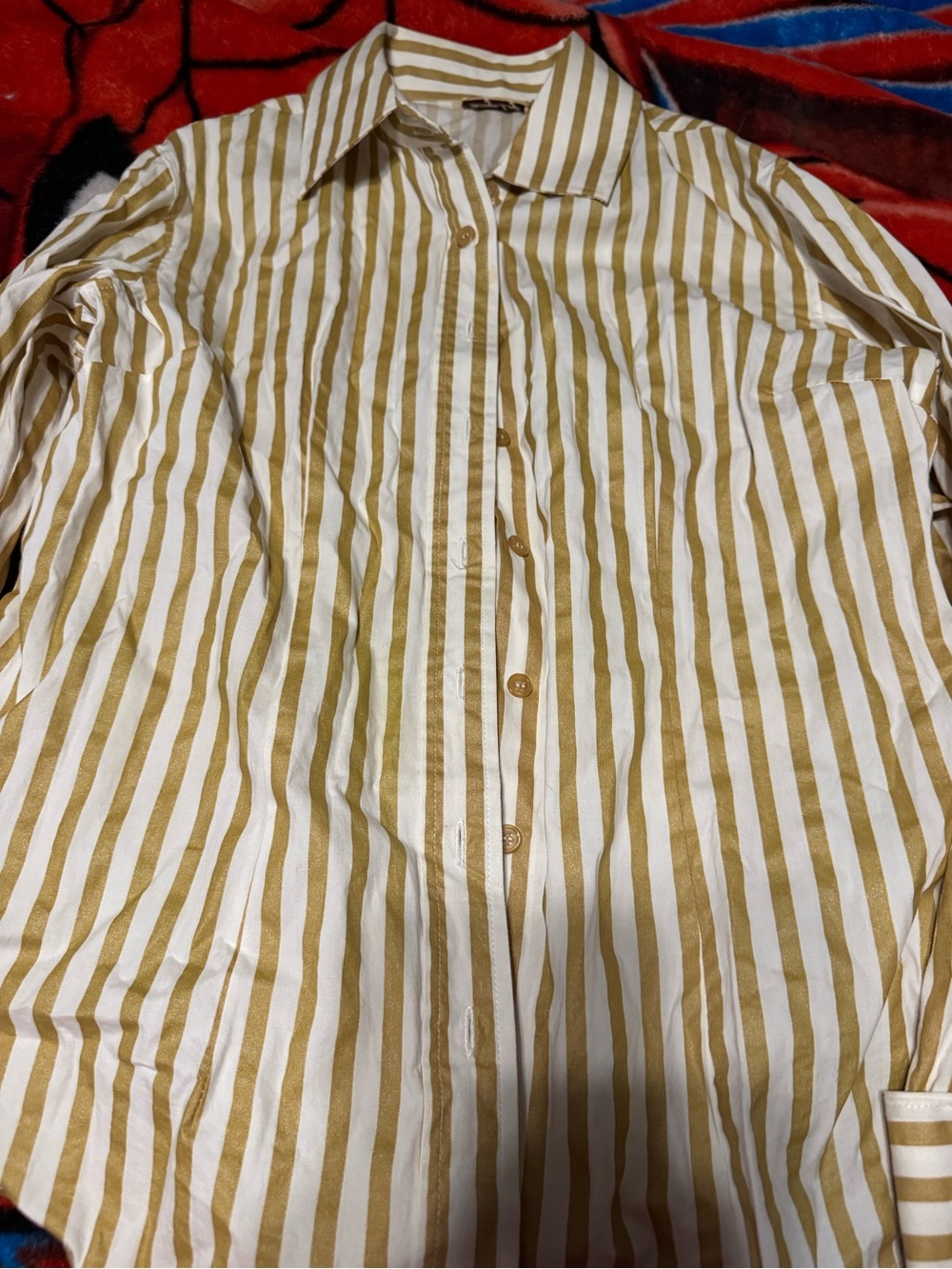 Women’s Striped Button-Down Dress Shirt in White and Mustard